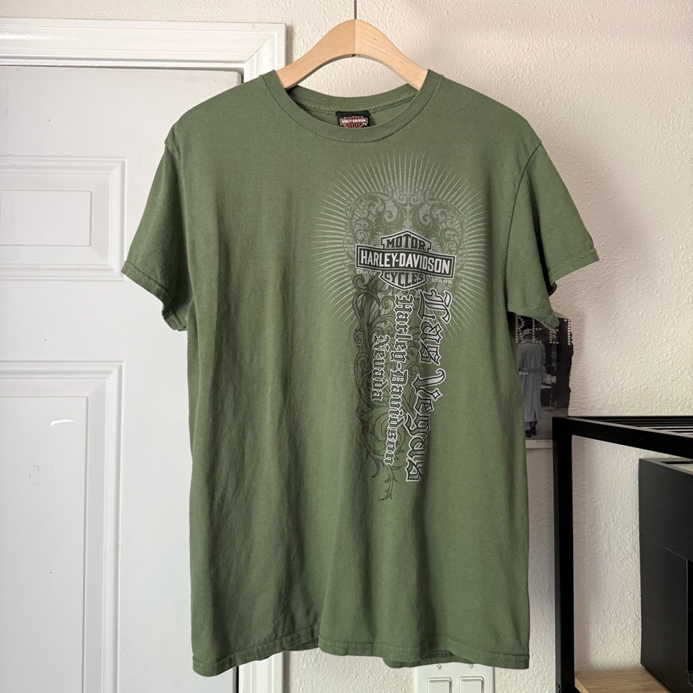 Harley-Davidson olive army green cotton eagle Las Vegas logo graphic crew tee